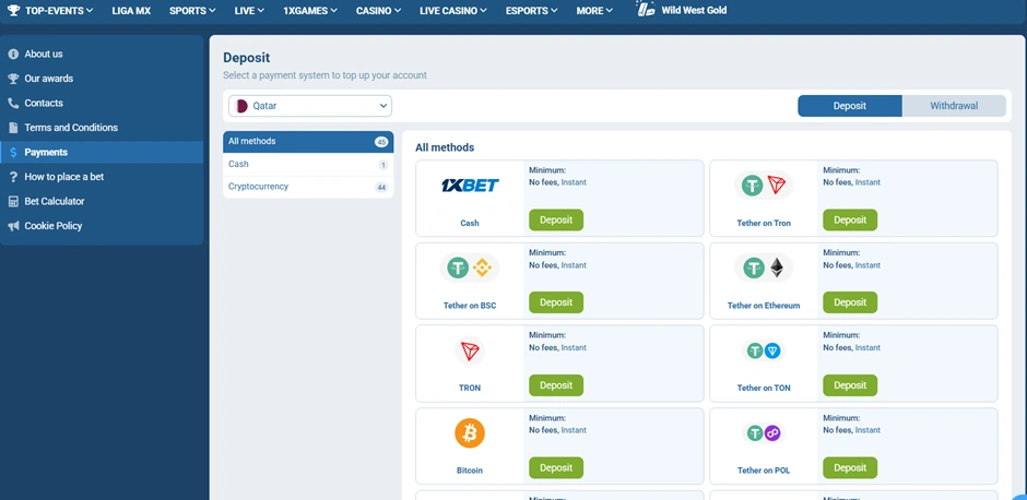 1xBet cryptocurrency deposit methods في تونس