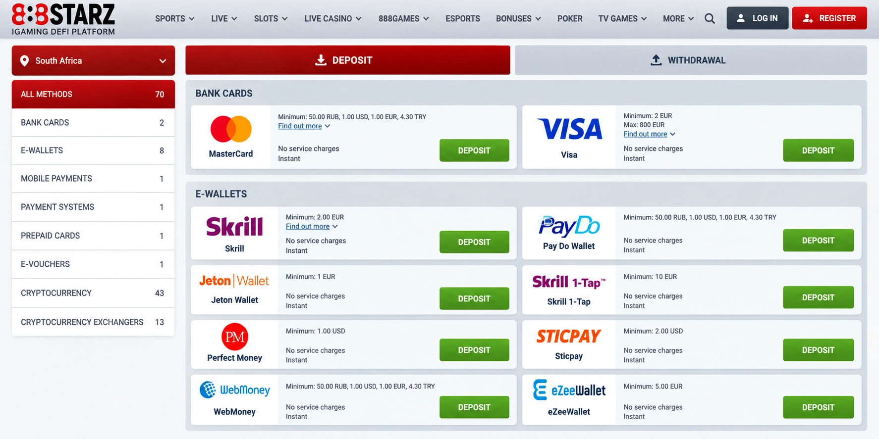 888Starz deposit payment methods page في تونس