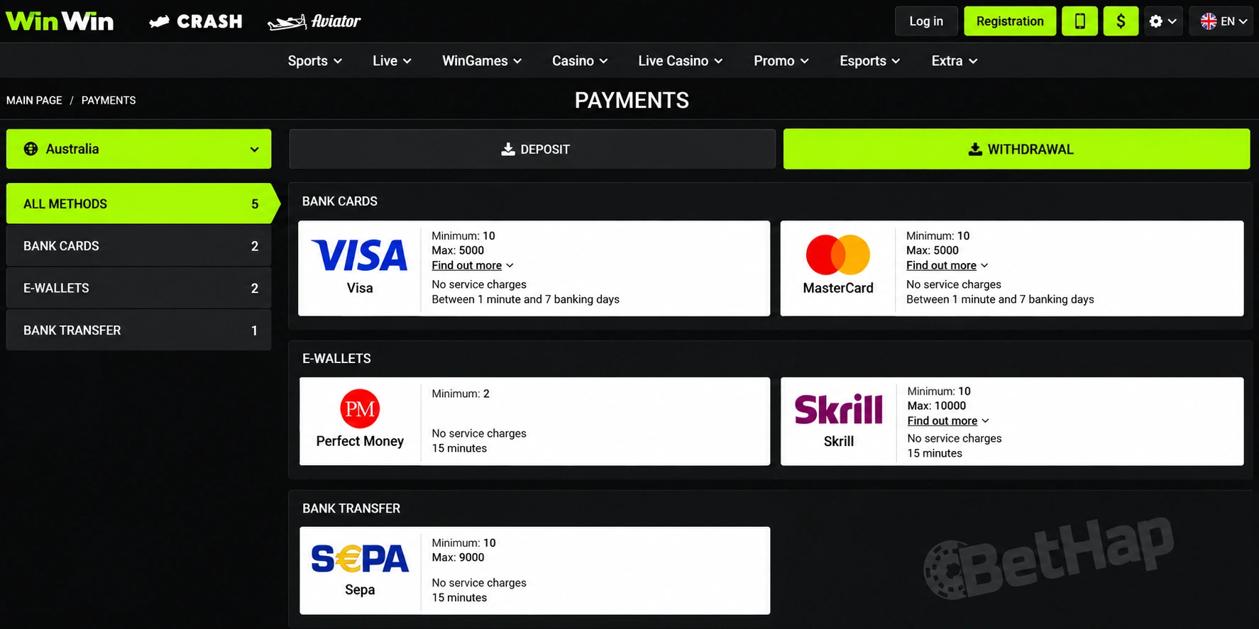 WinWin payment methods withdrawal page في تونس