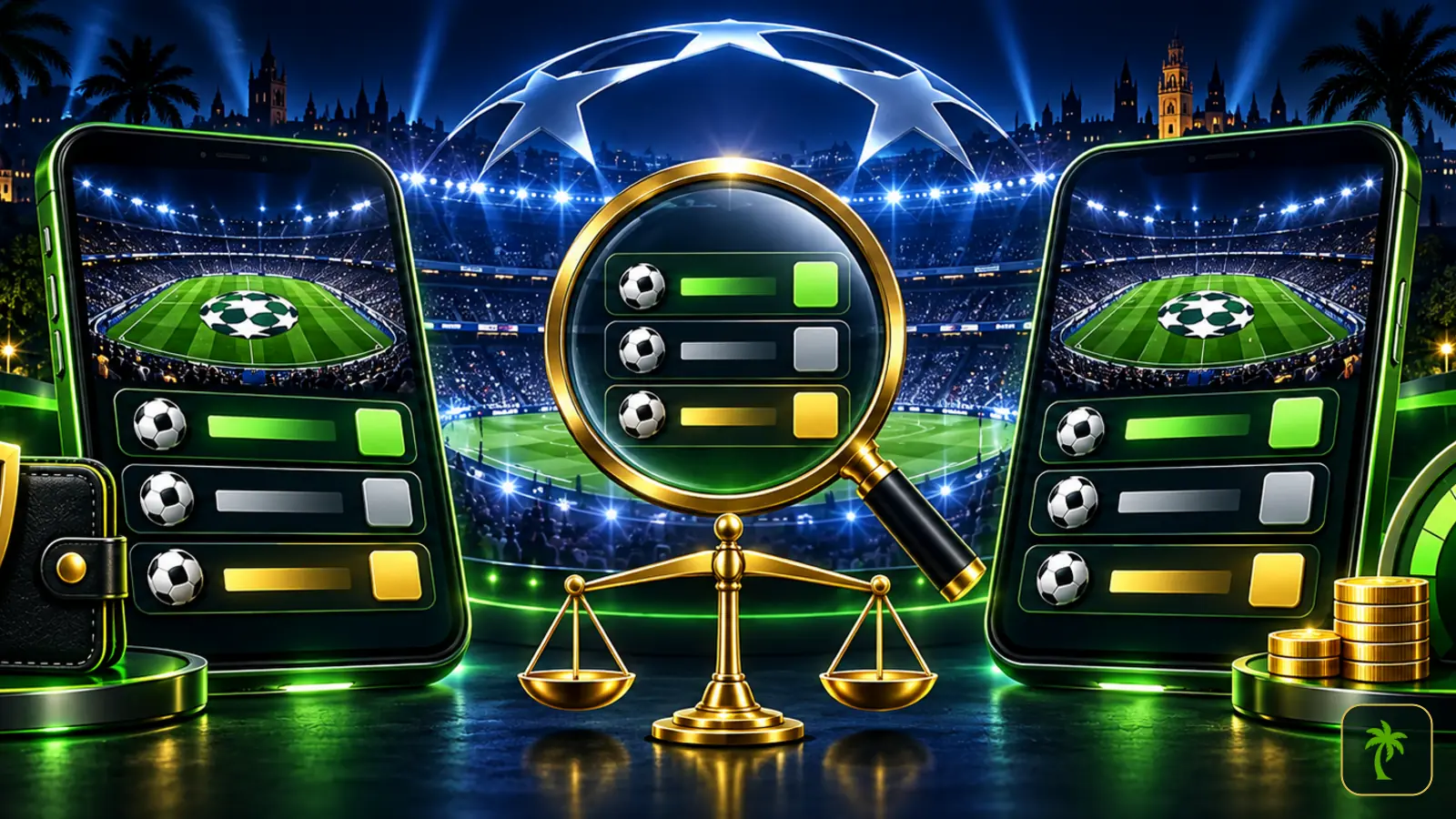 تطبيقا مراهنة وعدسة مكبرة وميزان لمقارنة مواقع مراهنات دوري أبطال أوروبا من حيث الاحتمالات والدفع والقيمة في تونس