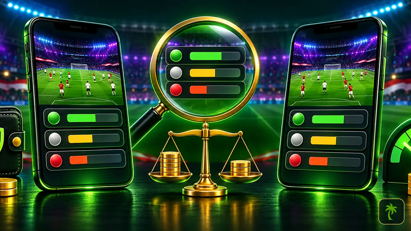 تطبيقا مراهنة وعدسة مكبرة وميزان بالعملات لمقارنة مواقع مراهنات الدوري الإنجليزي من حيث الاحتمالات والقيمة في تونس