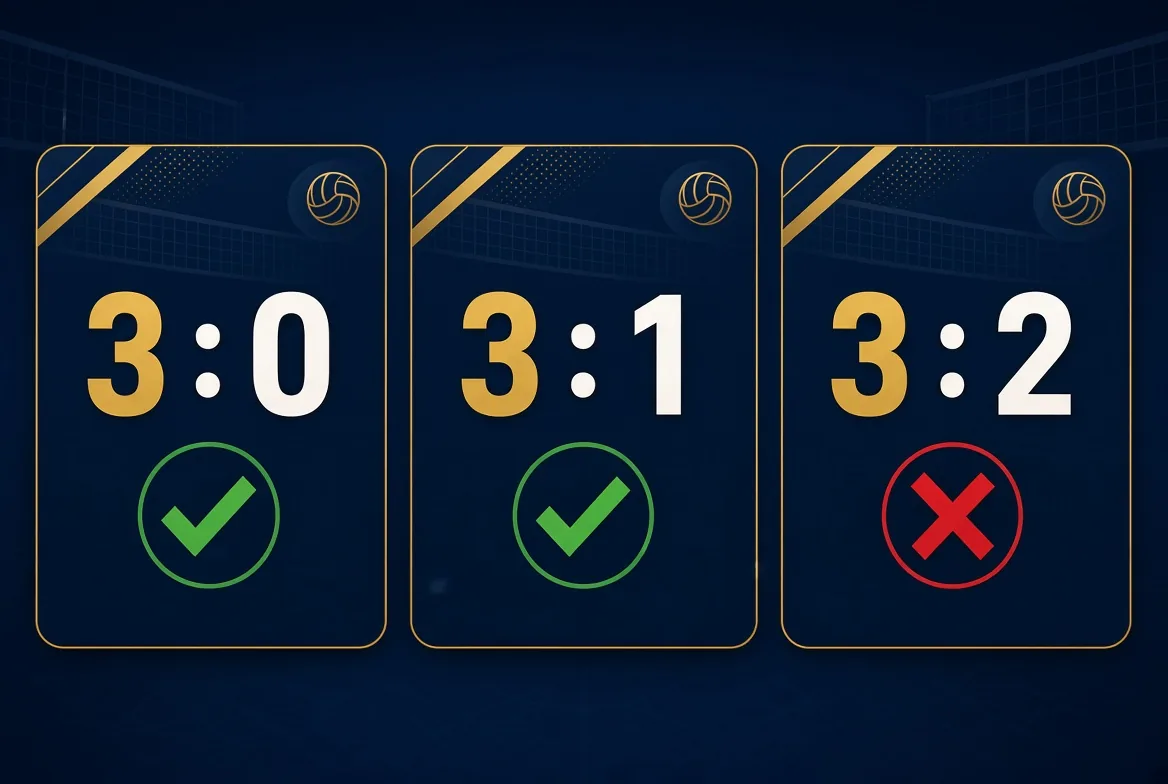 مثال على هانديكاب -1.5 مجموعة في الكرة الطائرة في تونس: الفوز 3-0 و3-1 رابح و3-2 خاسر